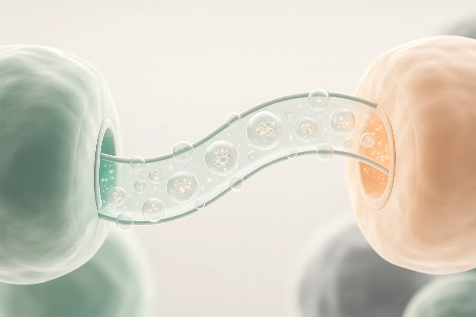 Scientific 3D illustration of extracellular vesicles moving between simplified skin cells