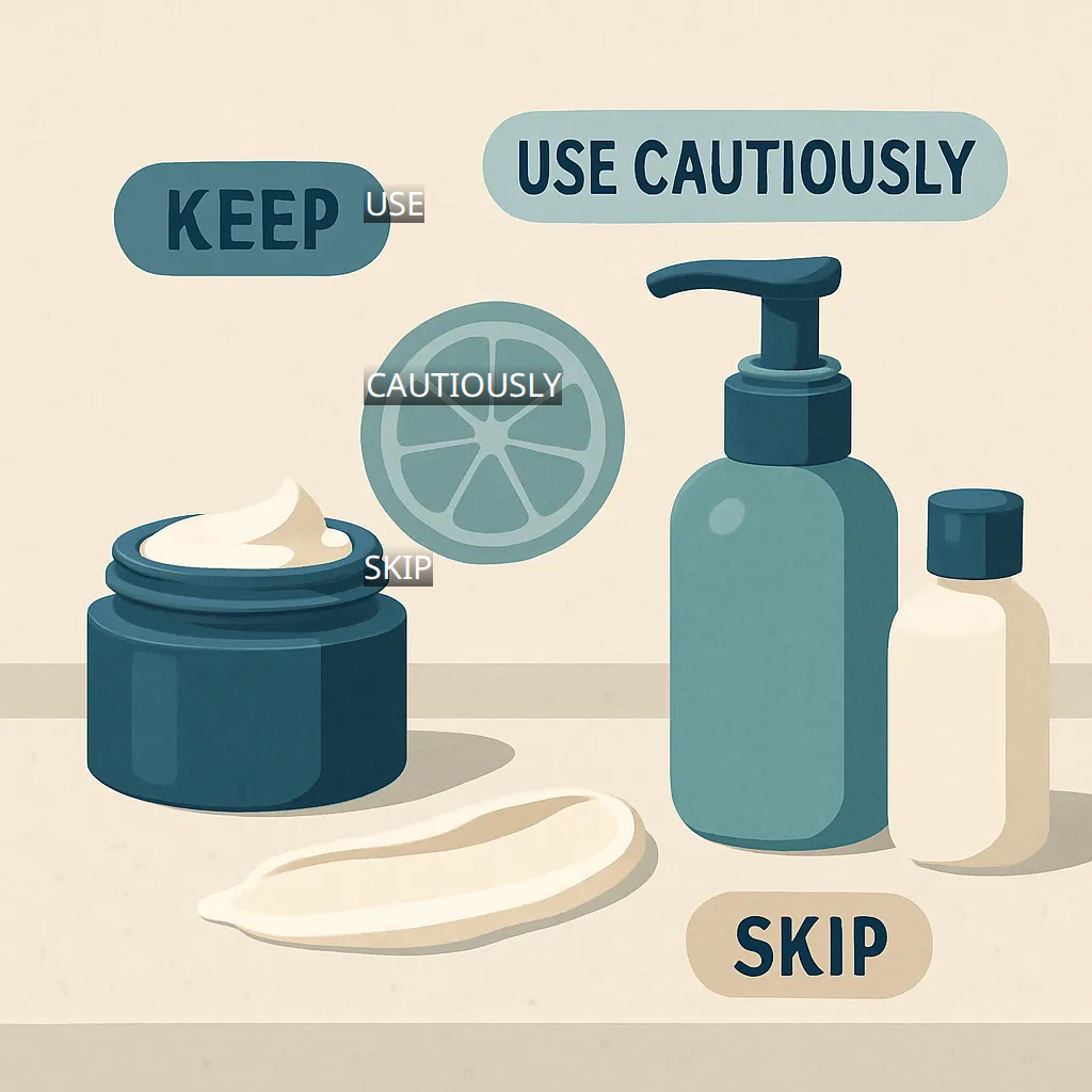 Close-up product texture with a clean fruit-inspired skincare mood and overlaid decision words 'USE', 'CAUTIOUSLY', 'SKIP'