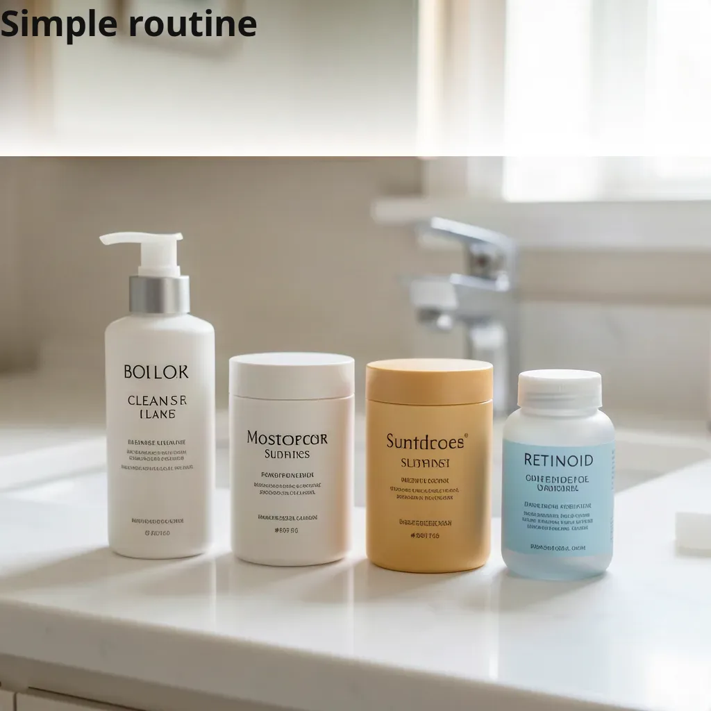 Four unbranded skincare containers with a deterministic Simple routine label.