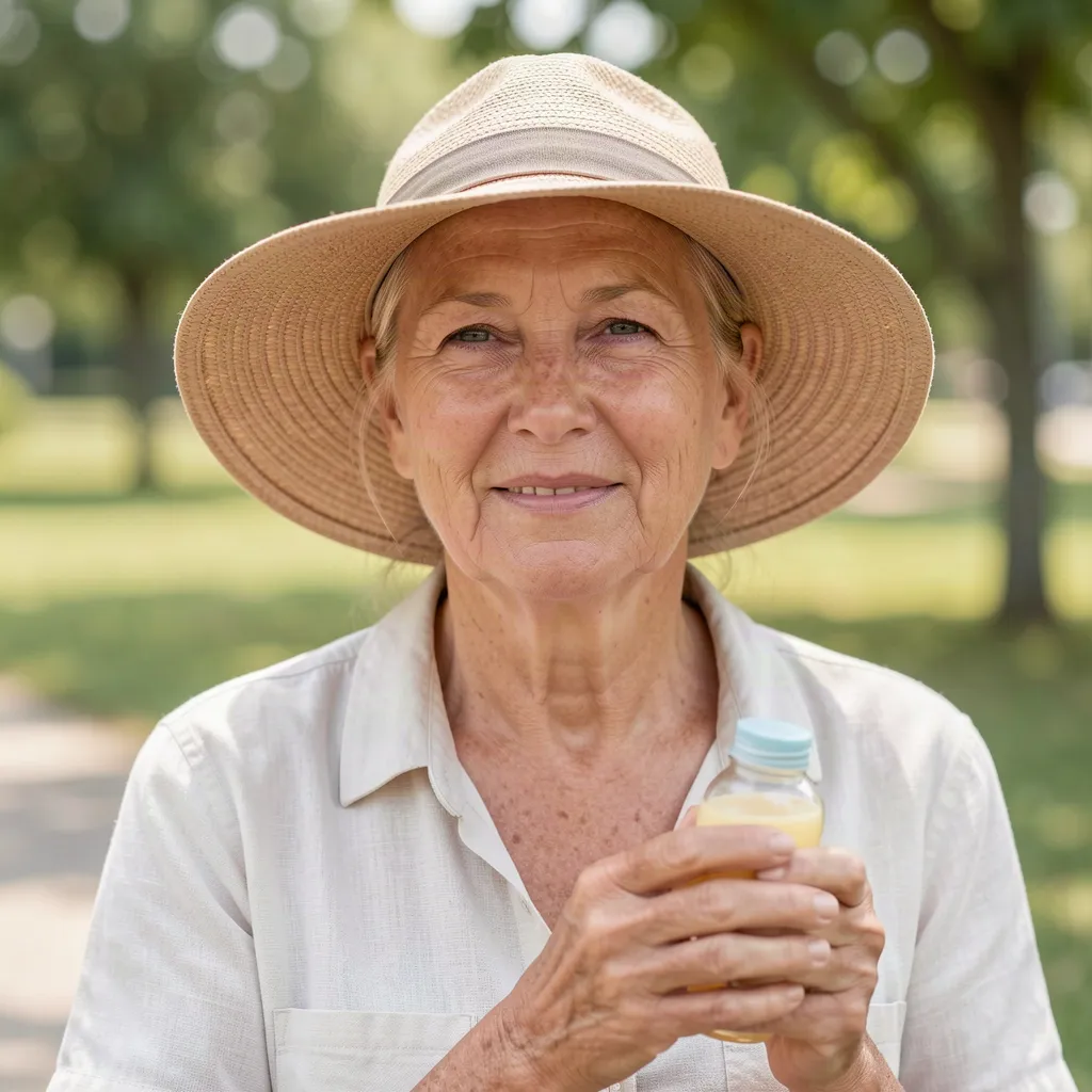 Woman in her fifties outdoors wearing a wide-brim hat and holding sunscreen.