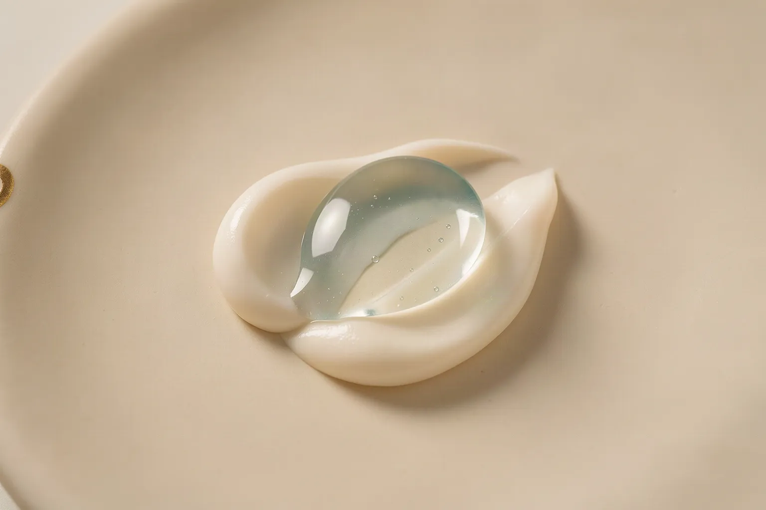 Hydrating serum and cream textures on a warm ivory surface
