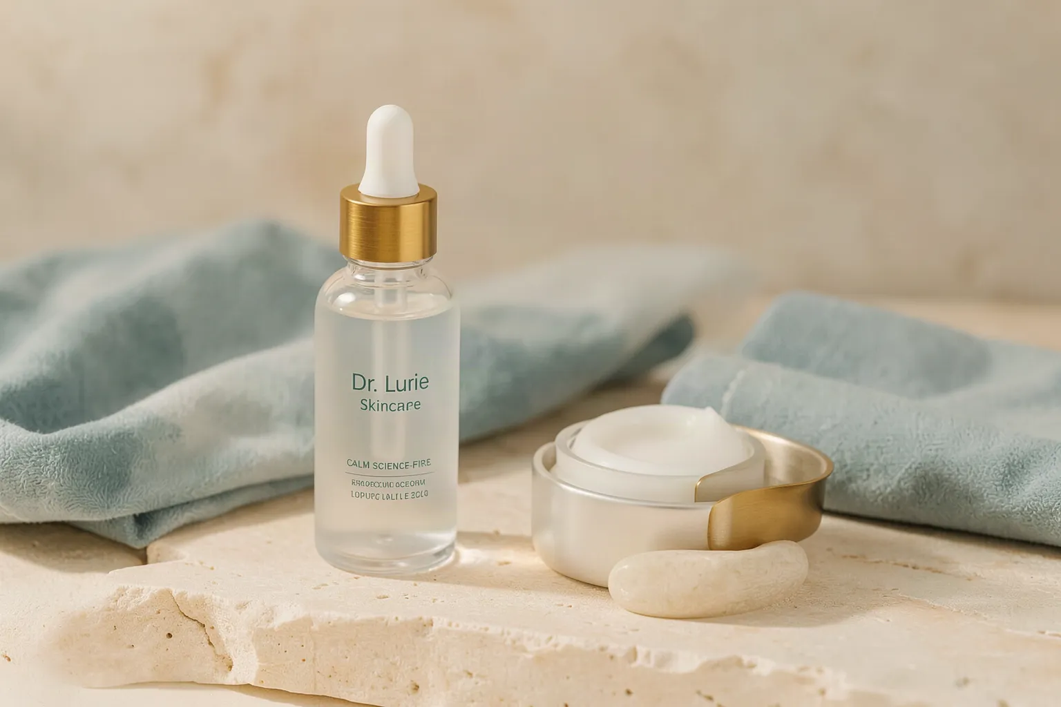 Minimal serum bottle and cream still life in a premium skincare setting