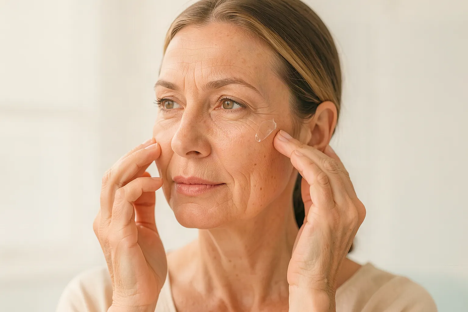 Mature woman applying a clear facial serum in soft natural light