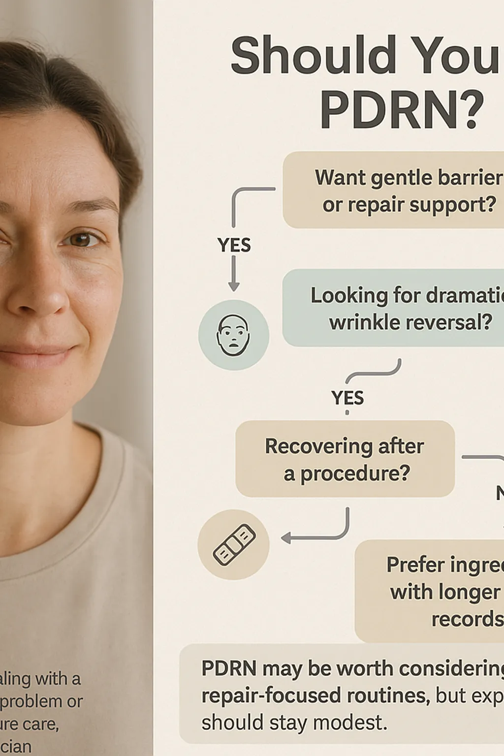Decision guide for whether to try PDRN based on repair goals, wrinkle expectations, procedures and evidence preferences