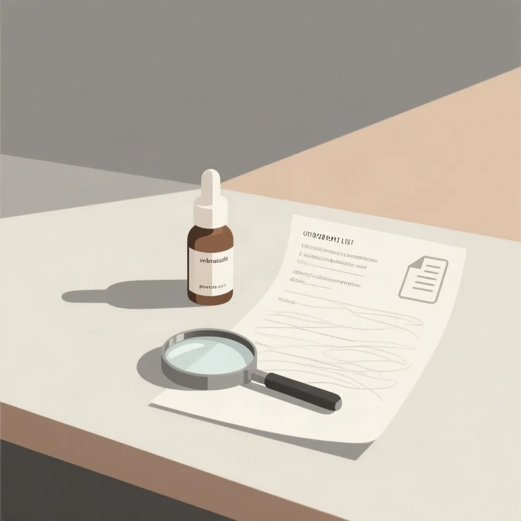 Peptide serum, magnifying glass, ingredient-list sheet and research-paper icon representing questions a label cannot answer