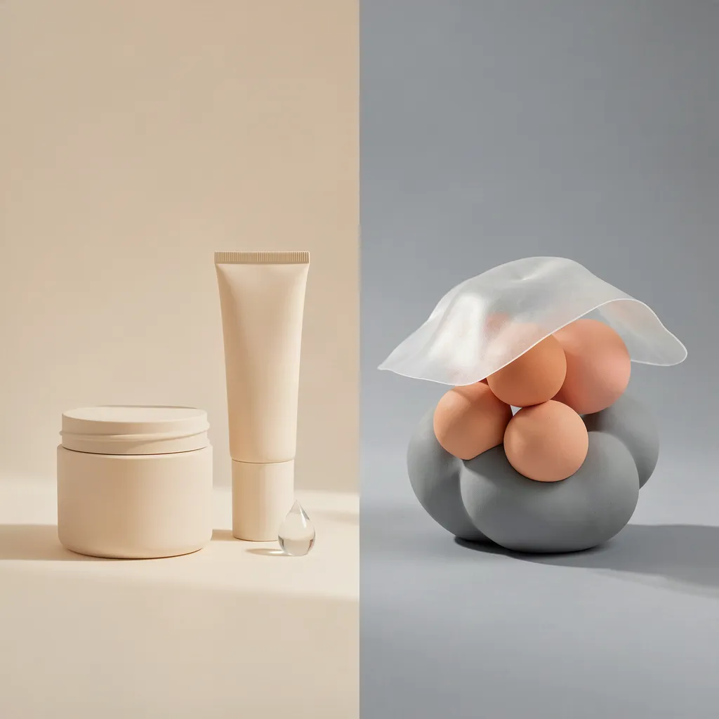 Conceptual still life comparing topical skincare products with deeper facial volume structures