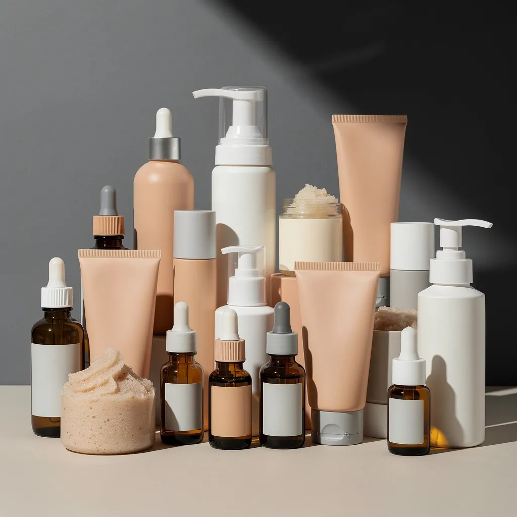 Crowded shelf with many skincare actives and scrubs