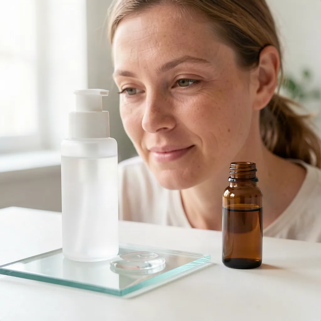 Unbranded airless pump, clear gel sample and amber vial arranged on a formulation work surface