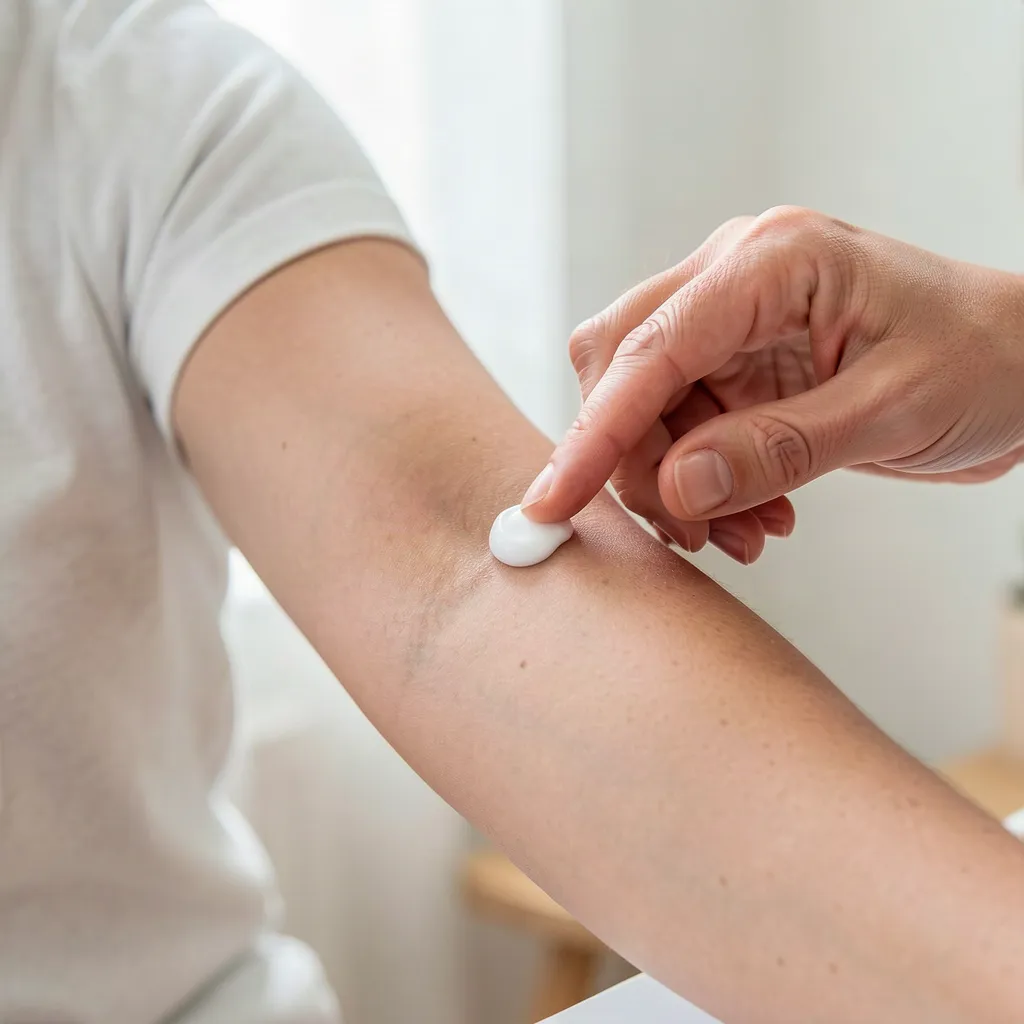A small amount of cosmetic cream being patch-tested on an adult inner forearm