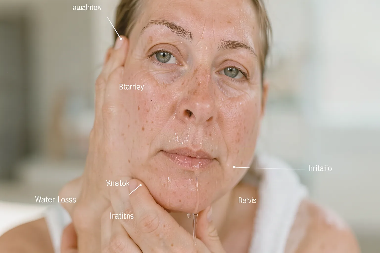 Illustration of outer skin layers losing water and becoming more vulnerable to irritation.