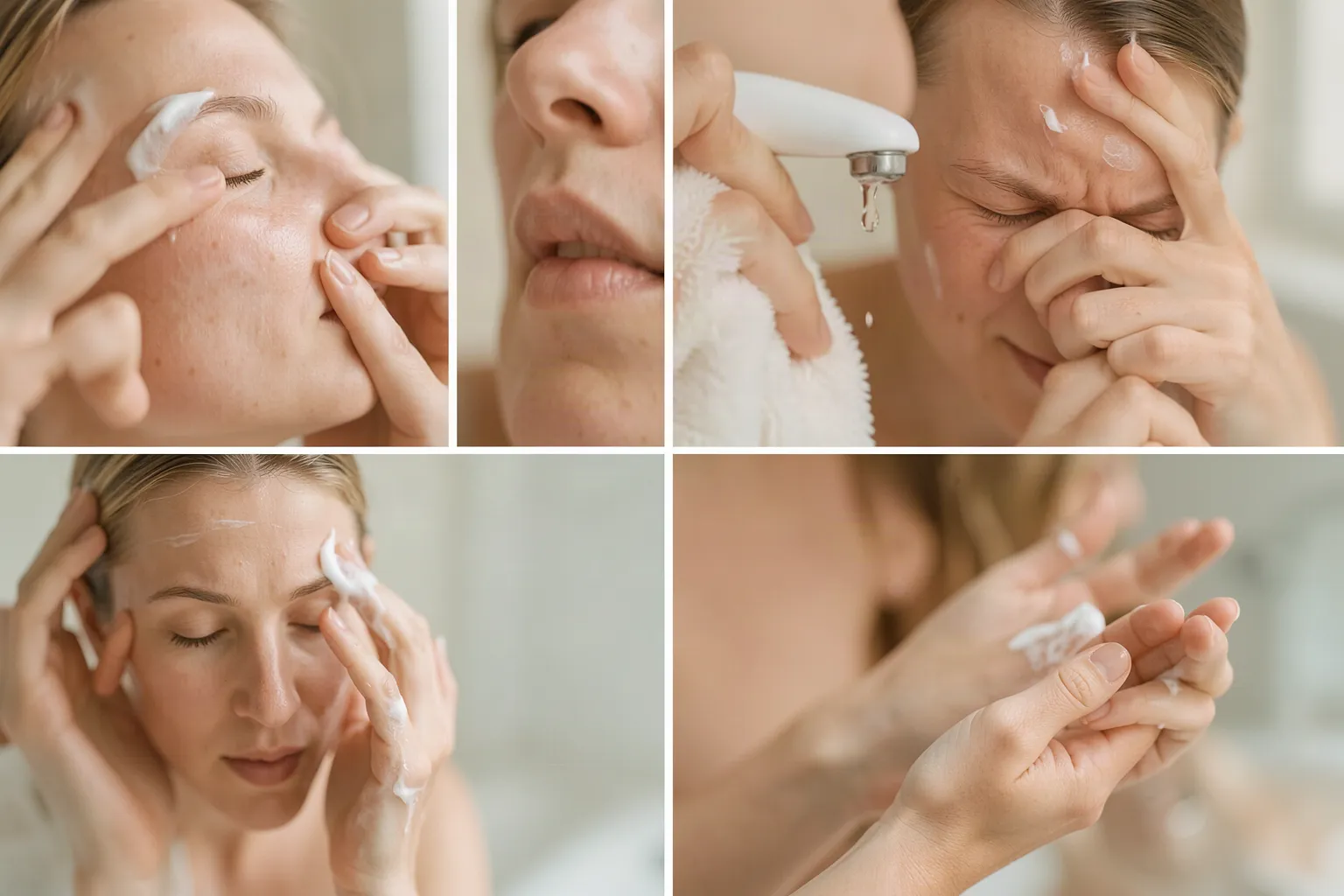Moisturizer routine moments: a short warm wash, patting skin until slightly damp, applying moisturizer, and reapplying to hands after washing.