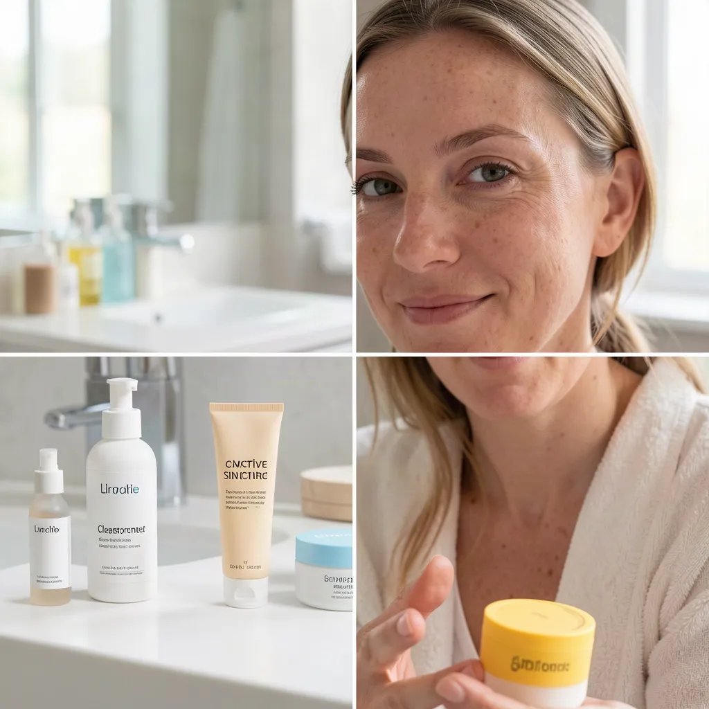 Unbranded skincare products arranged in a simple progression on a bathroom counter.