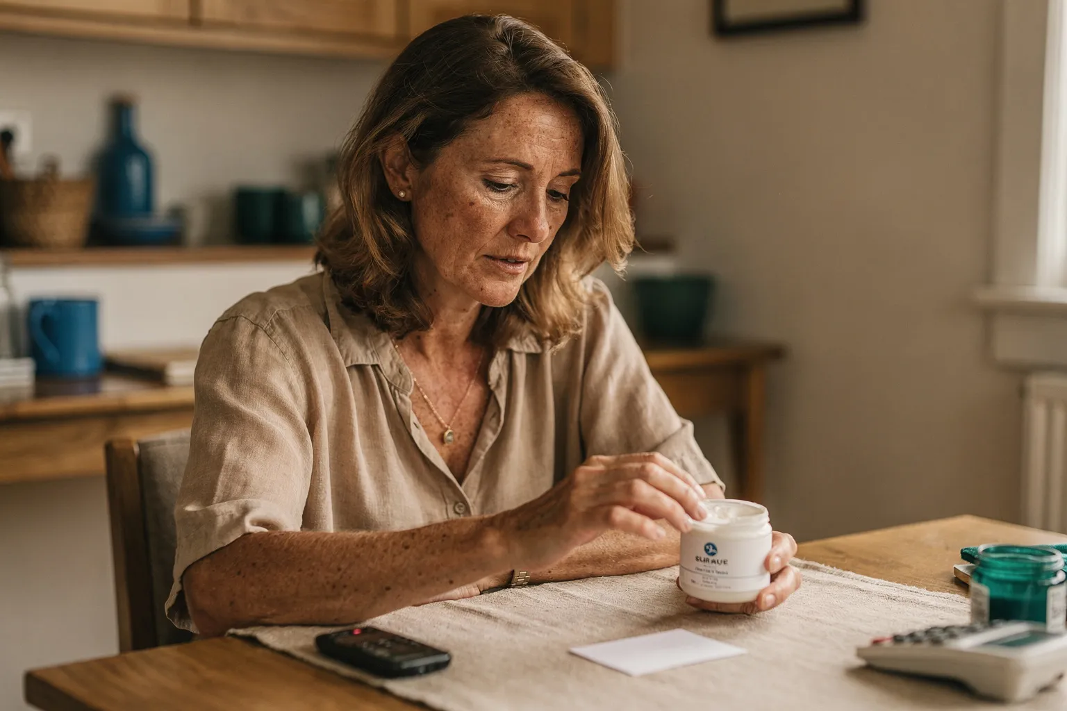 Naturally attractive woman aged around 47, with visible freckles and ordinary skin blemishes, considering medical advice about a skincare concern at home
