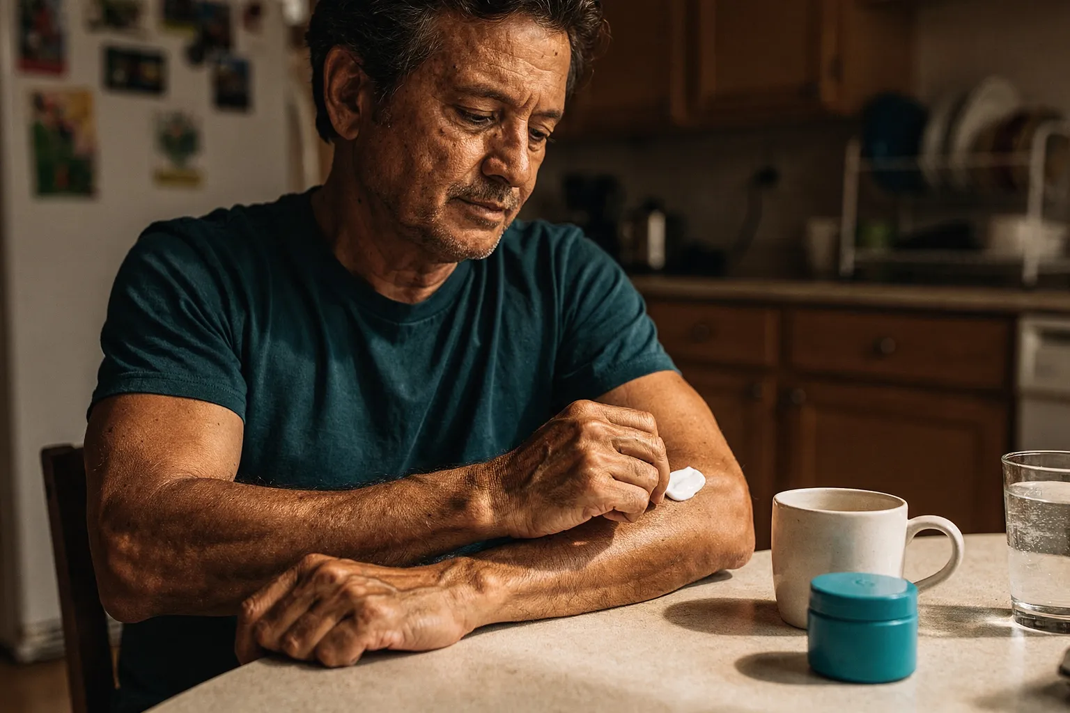 Man aged over 45 applying a small amount of plain moisturizer to intact forearm skin at home