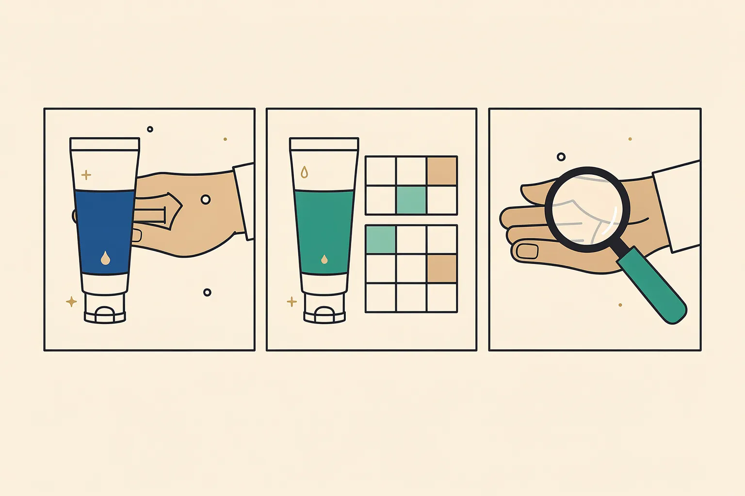 Three-part pictogram of applying one skincare product, observing over time, and checking the skin