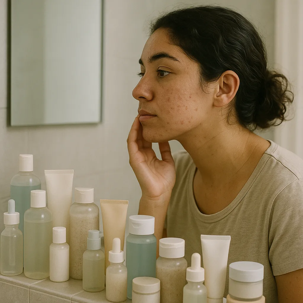 Crowded shelf with many skincare actives and scrubs