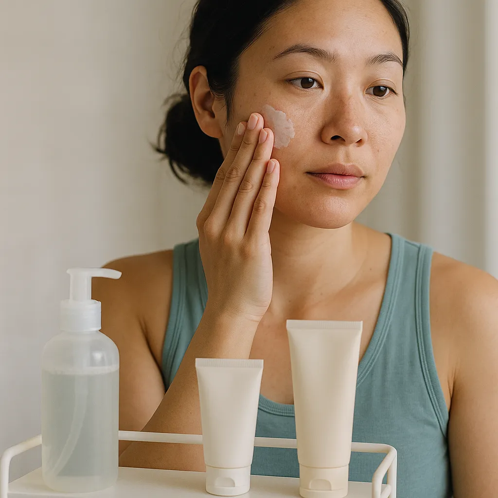 Simple shelf with cleanser moisturizer and sunscreen