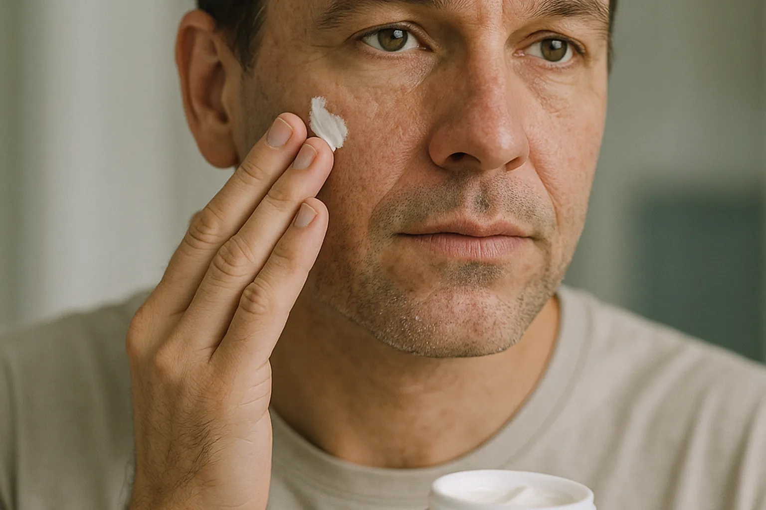 Adult applying moisturizer to natural facial skin