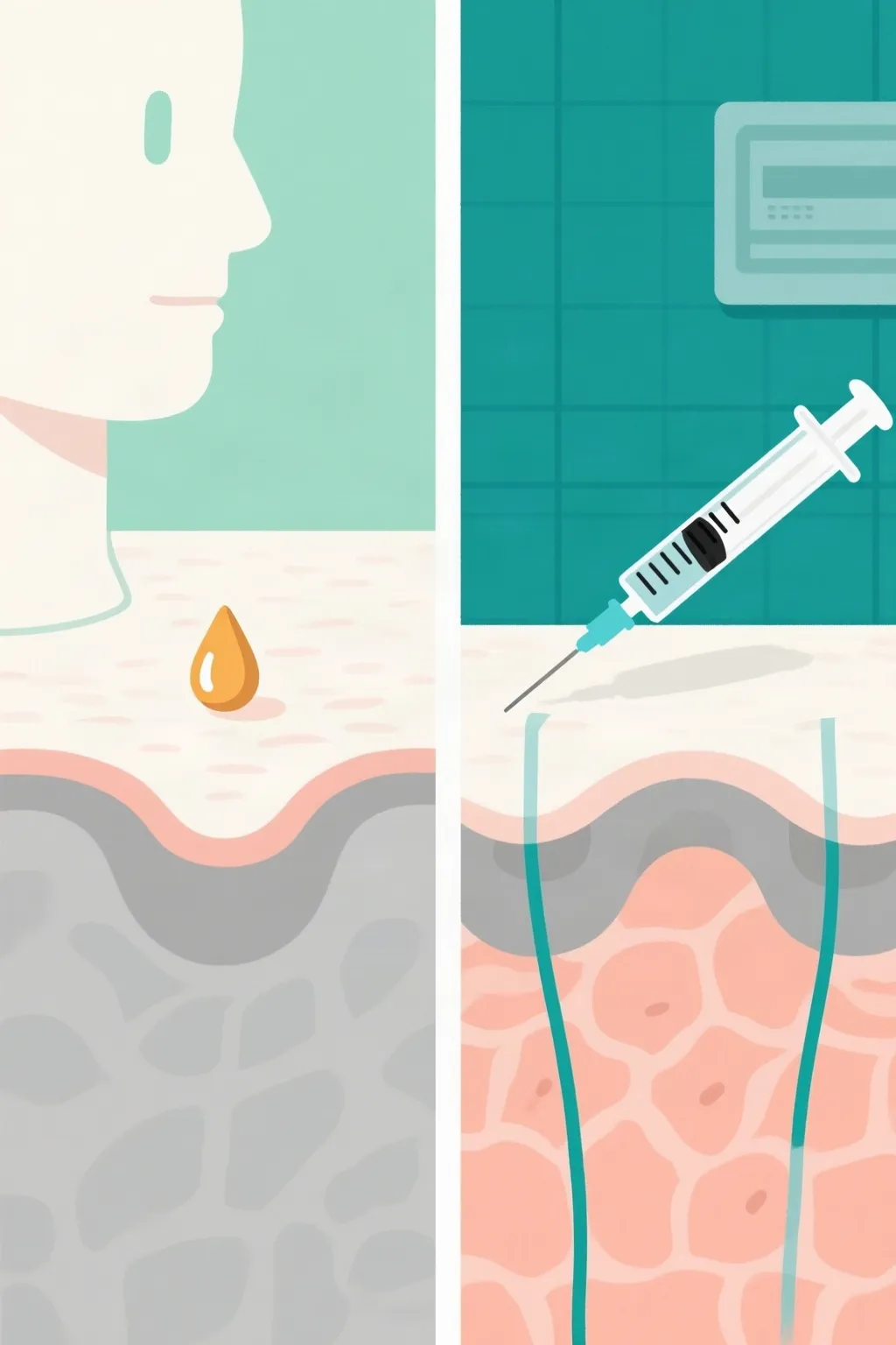 Medical illustration comparing topical and injected routes