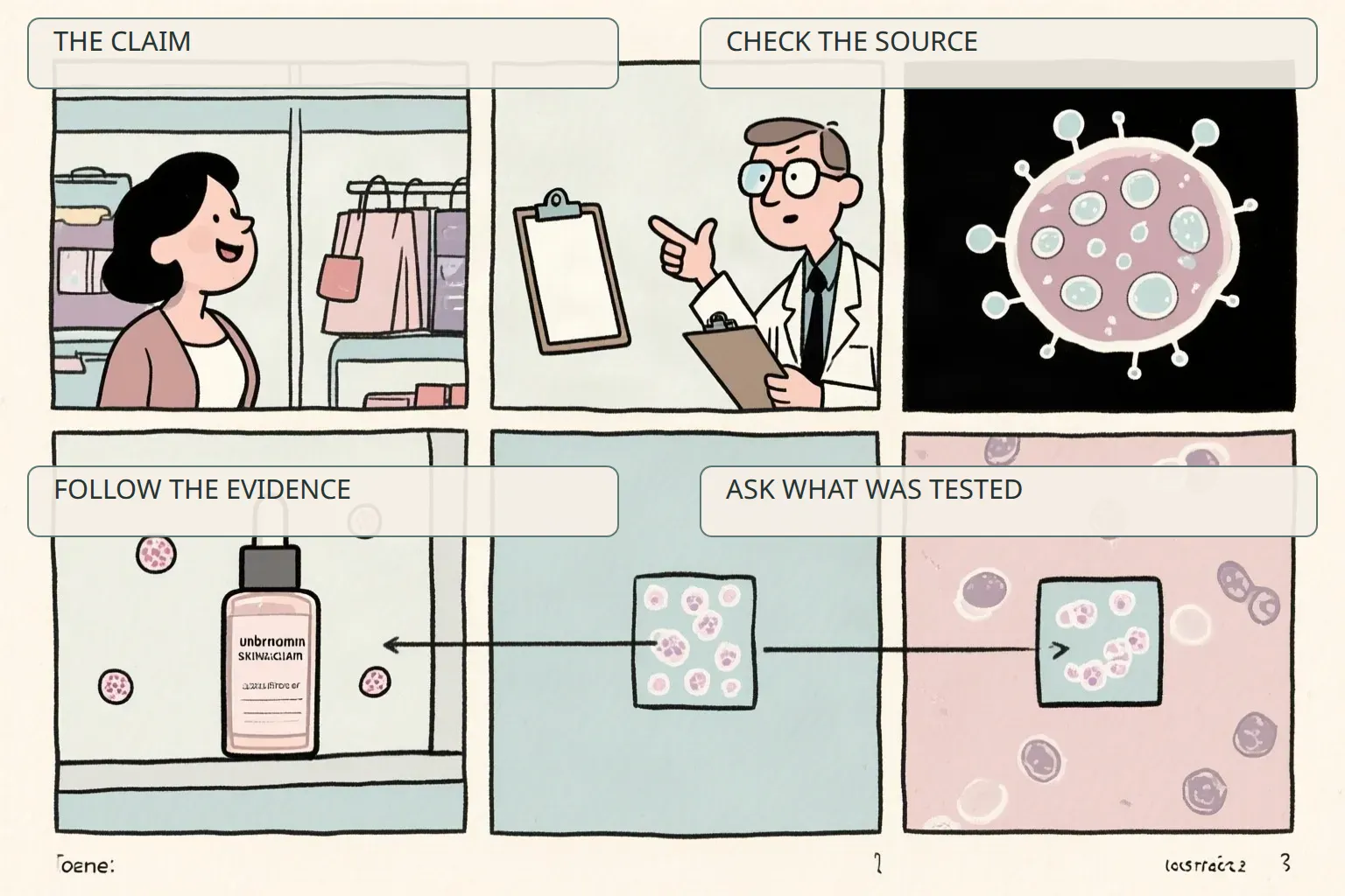 Four-panel annotated comic about interrogating an exosome skincare claim