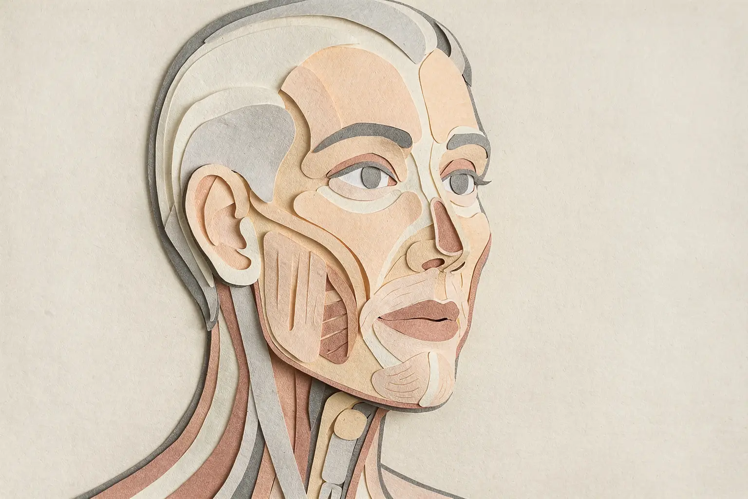 Paper-cut anatomical portrait showing skin and deeper facial layers