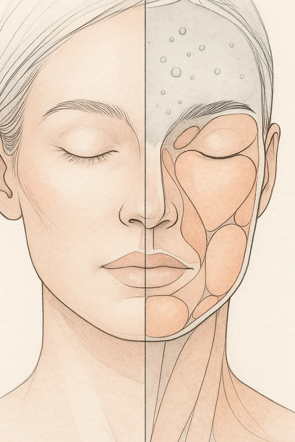 Anatomical line illustration separating the skin surface from deeper facial volume