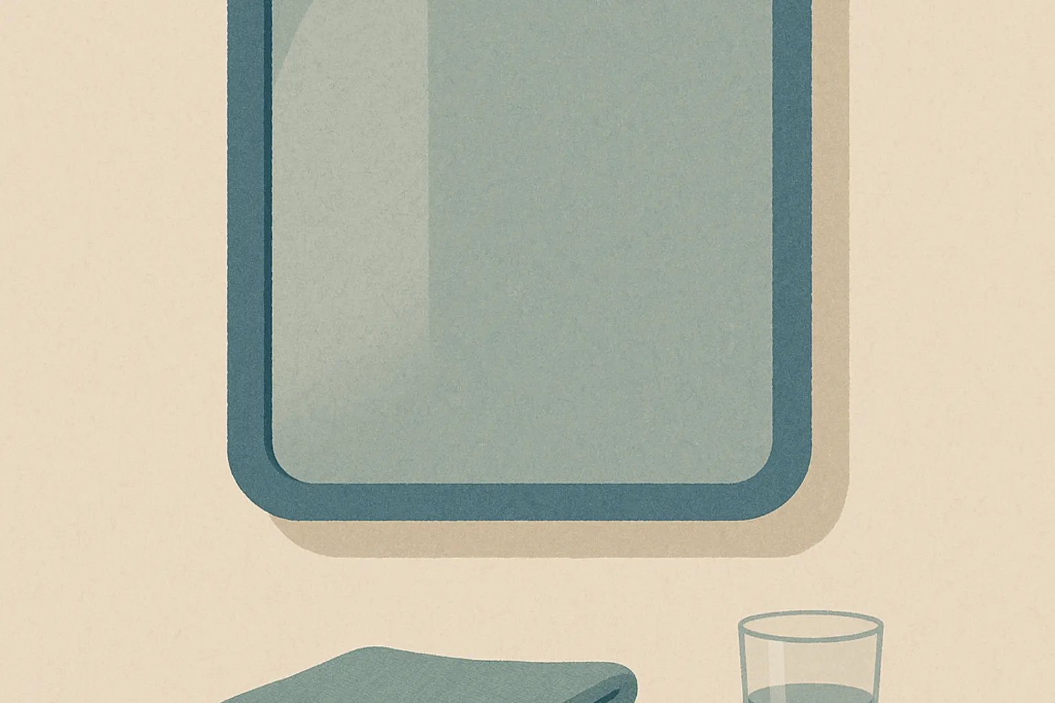 A bathroom mirror in early morning daylight, with a folded linen towel and a glass of water on the counter below.