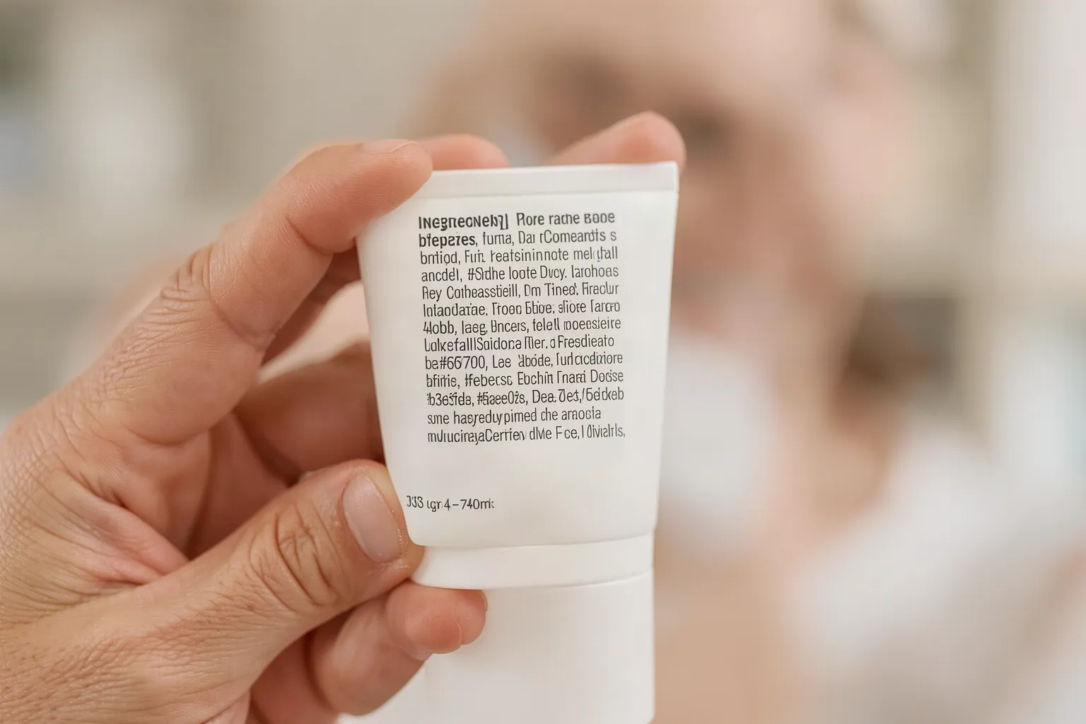 Close-up of the small printed ingredient list on the back of an unbranded cosmetic tube