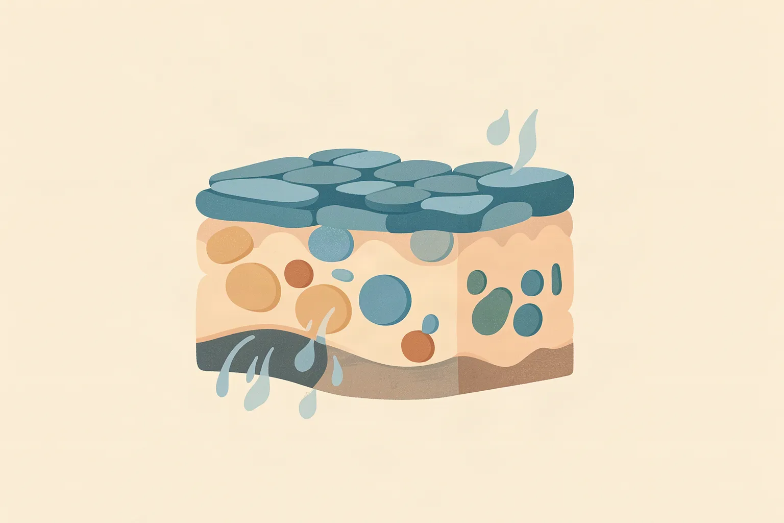 Cross-section showing skin cells, barrier lipids, and water loss from the outer skin layer.