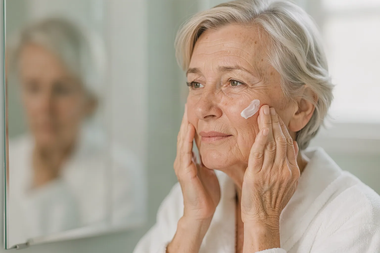 A woman in her 50s applying facial moisturizer beside a bathroom mirror