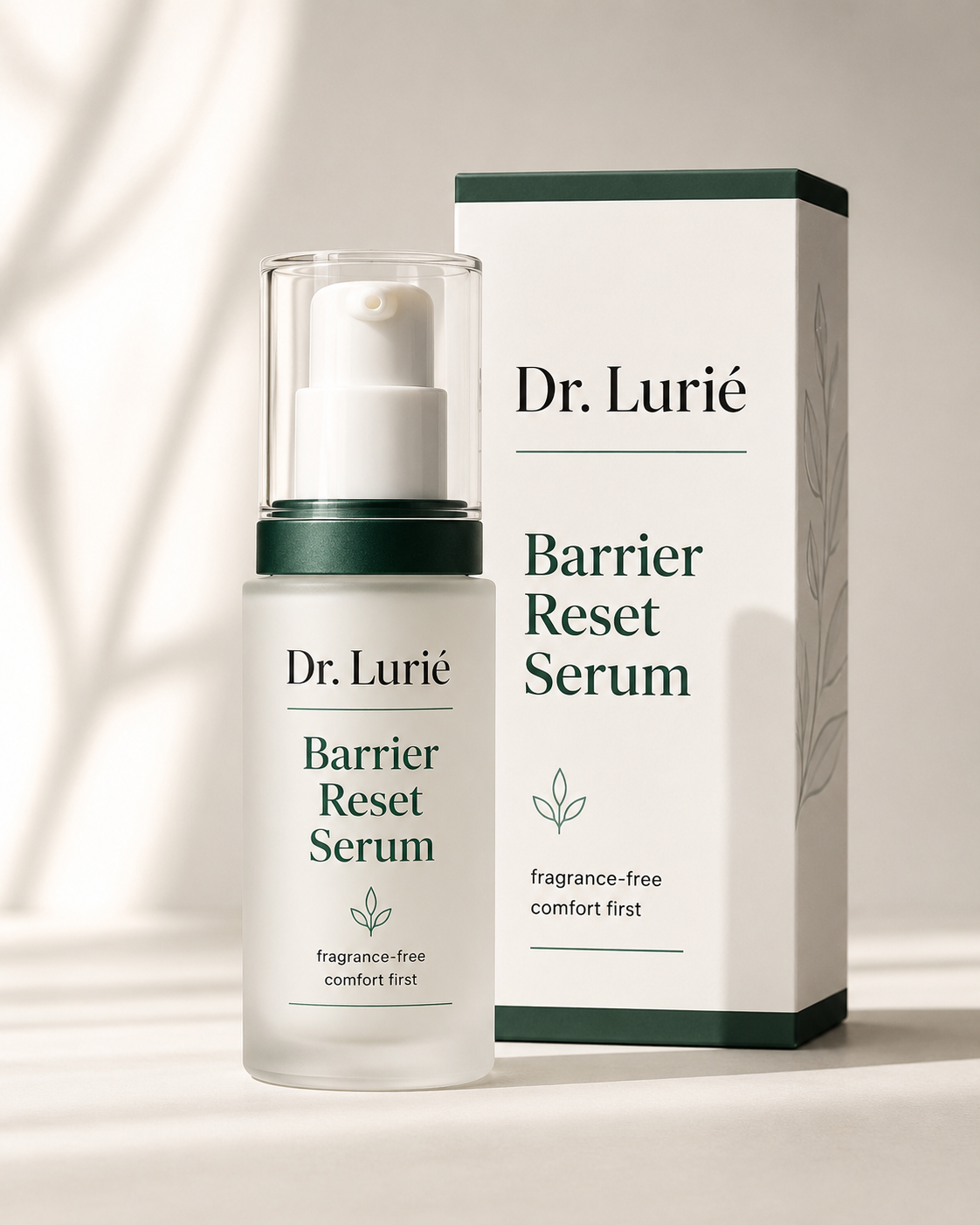 Dr. Lurié Barrier Reset Serum product bottle and carton mockup